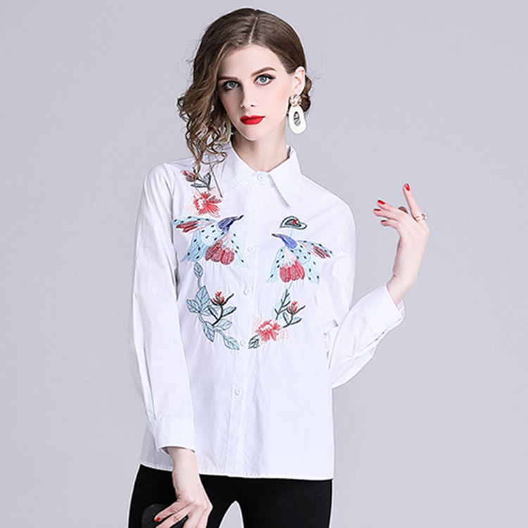 Women's Tops Autumn New Slim Thin Heavy Duty Embroidered Temperament Lapel Long Sleeve Shirt - White